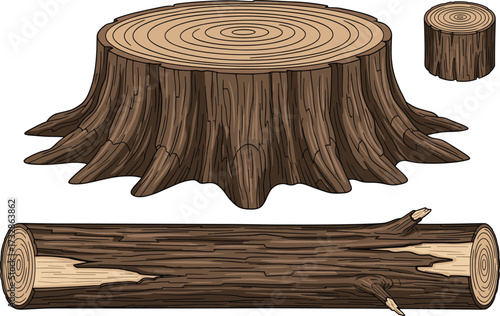 Tree stump and log illustration, wood anatomy vector, bark texture graphic, forestry education clipart, natural timber cross-section drawing