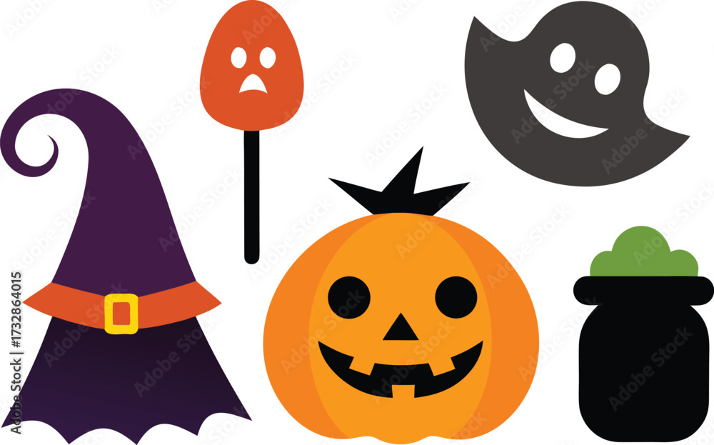 Obraz premium Halloween costume icons witch hat pumpkin ghost cauldron candy eps vector illustration isolated on transparent background