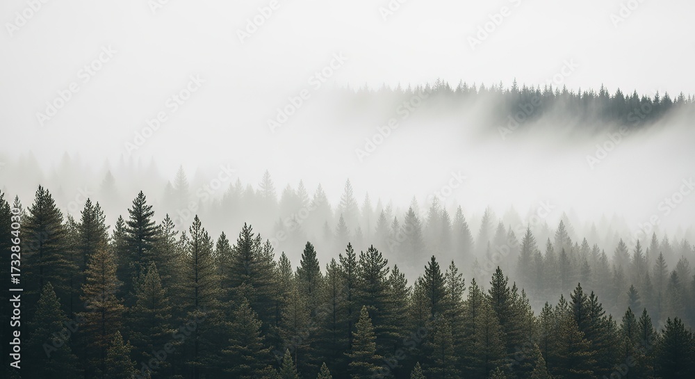 Fototapeta premium Misty evergreen forest canopy receding into atmospheric fog, evoking serene nature and peaceful solitude for escape and tranquility