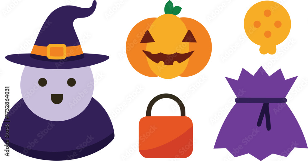 Fototapeta premium Halloween costume icons vector set witch hat pumpkin ghost candy bag and dress isolated on transparent background