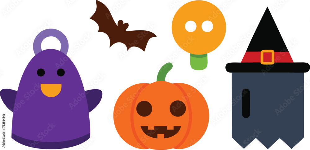Fototapeta premium Vector illustration set of halloween icons witch hat pumpkin ghost bat isolated on transparent background