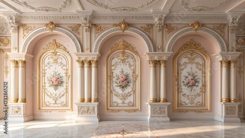 Elegant rococo style interior with ornate gilded arches classical columns and decorative paintings bathed in soft light