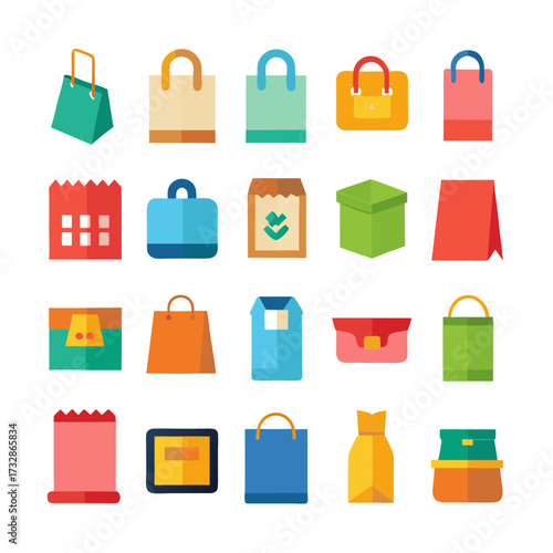 Flat design assorted shopping bags and box isolated collection