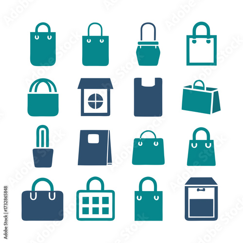 Collection of sixteen different shopping bag style icons