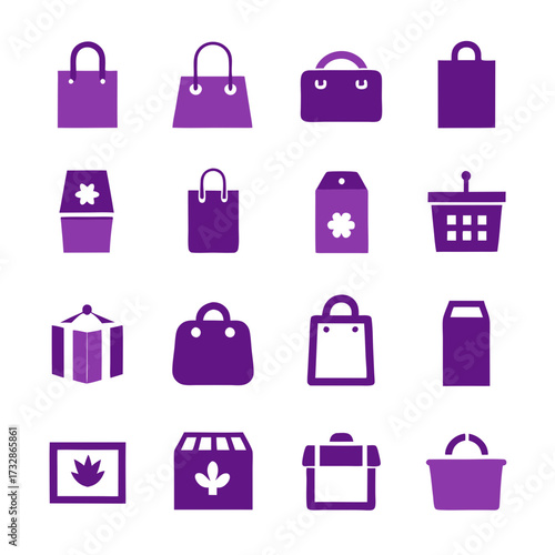 Collection of minimalist purple shopping bag and container icons