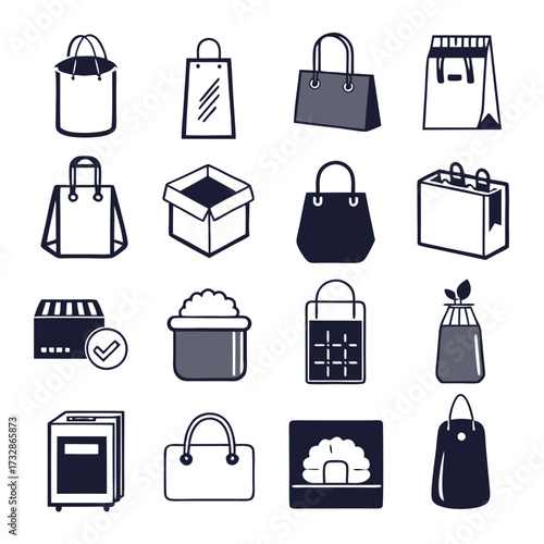 Collection of shopping bag and container icons on white