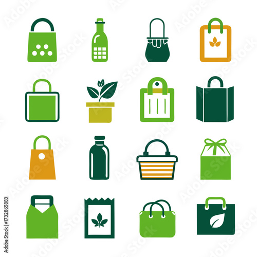 Variety of green shopping bag and organic product icons