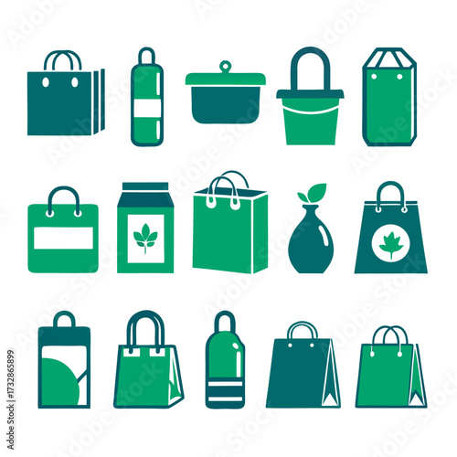 Assorted green containers and shopping bags vector icon collection