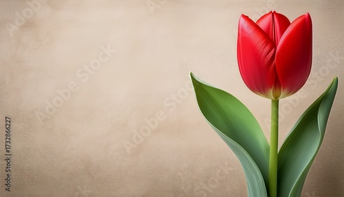 A Vibrant Red Tulip With Green Stems And Leaves Stands Elegantly On A Textured Beige Background Symbolizing Love