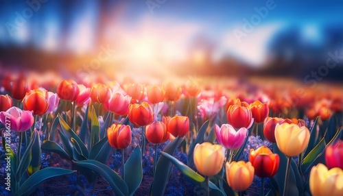 Bright Blooming Tulips On A Blurred Background Selective Focus