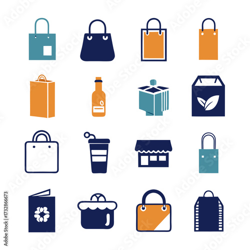 Assorted shopping icons featuring bags, bottles, coffee and sweets