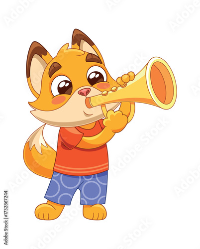 Cartoon fox animal playing trumpet