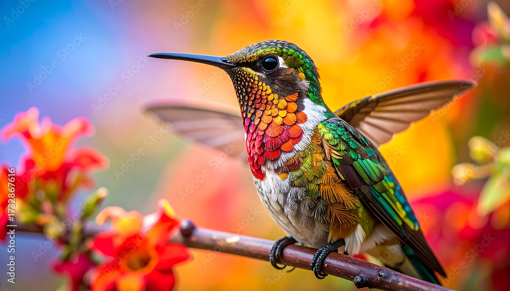 Fototapeta premium Iridescent hummingbird with green wings and purple throat perched near vibrant flowers against colorful gradient background.