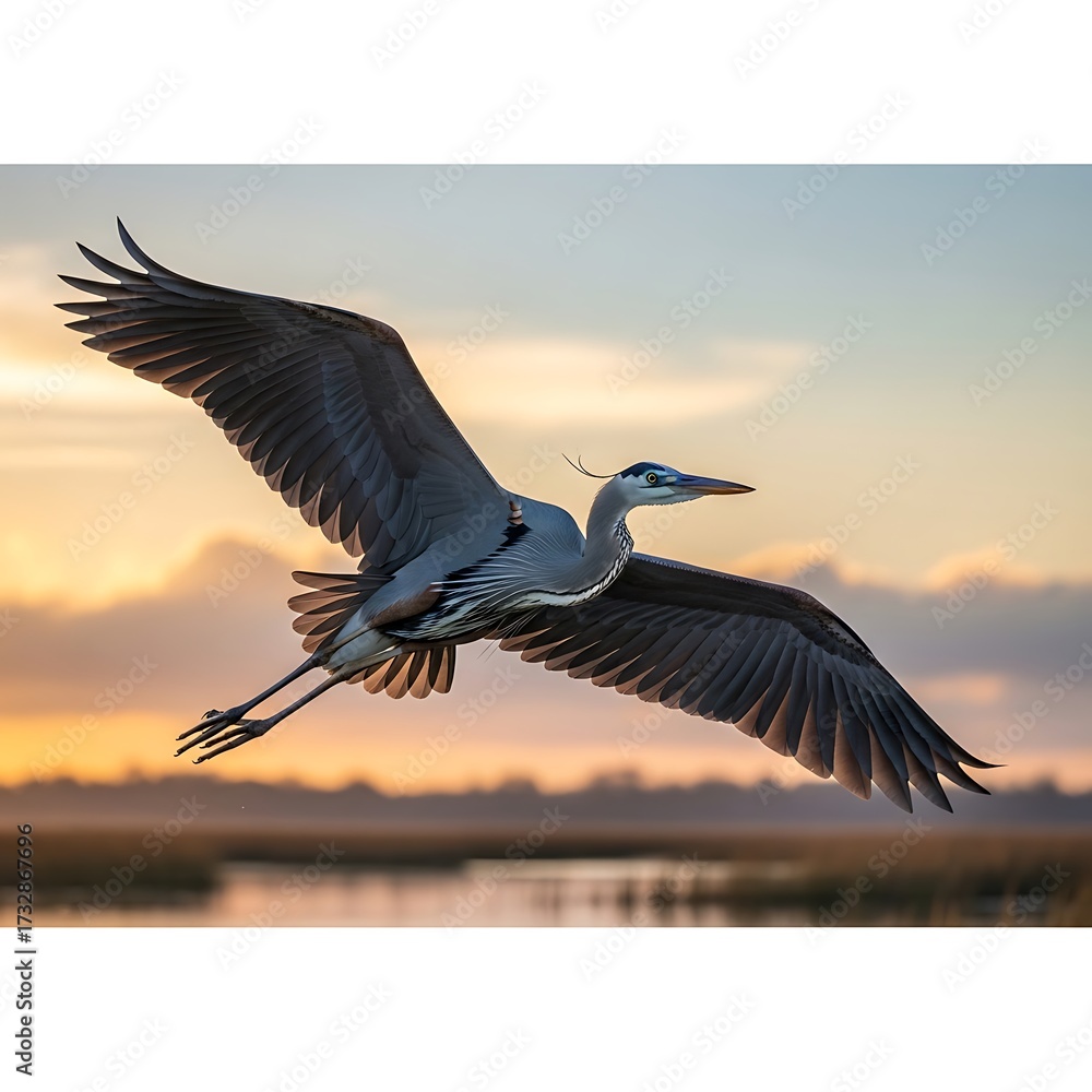 Obraz premium Majestic Heron in Flight at Sunrise.