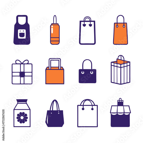 Stylized retail goods and shopping bags vector icons set