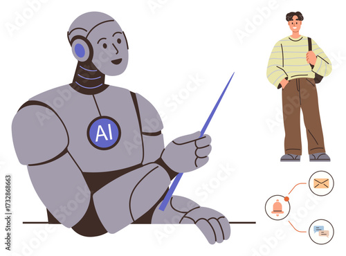 AI robot instructing using pointer, student listening with book bag, task workflow icons. Ideal for education, AI-assisted learning, technology in education, innovation, training, communication