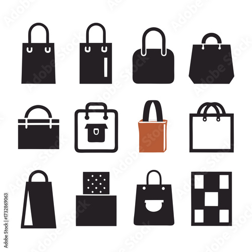 Collection of twelve various flat styled shopping bag icons