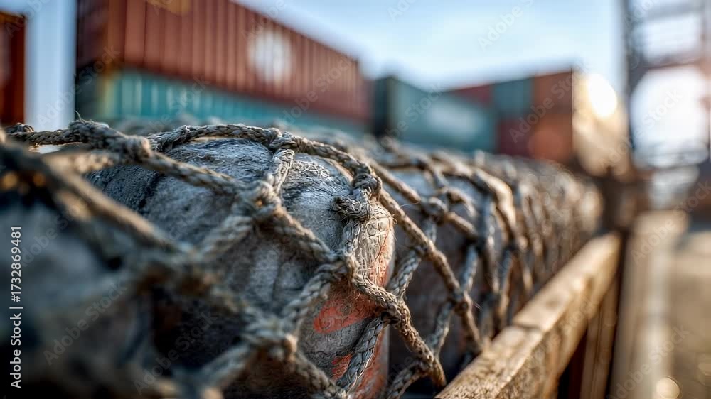 Container Support Rope Close up view of ship fenders secured with a rope net on the deck of a ...