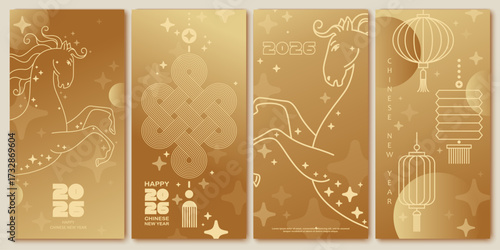 Chinese New Year vector design. 2026 year of the Horse. Lunar new year concept. Design for calendar, cover, flyer.. Golden and white shades.