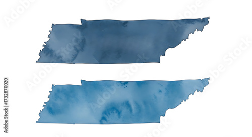 Illustration of two watercolor brush stroke shapes resembling the state of tennessee in shades of blue, isolated on transparent background