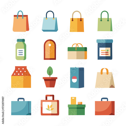 Collection of colorful stylized shopping and storage containers