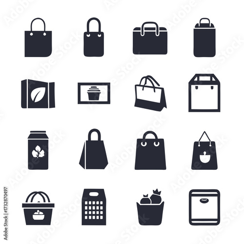 Icon set showcasing various shopping bags and product packaging