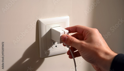 Hand unplugging the phone charger from the electrical socket  