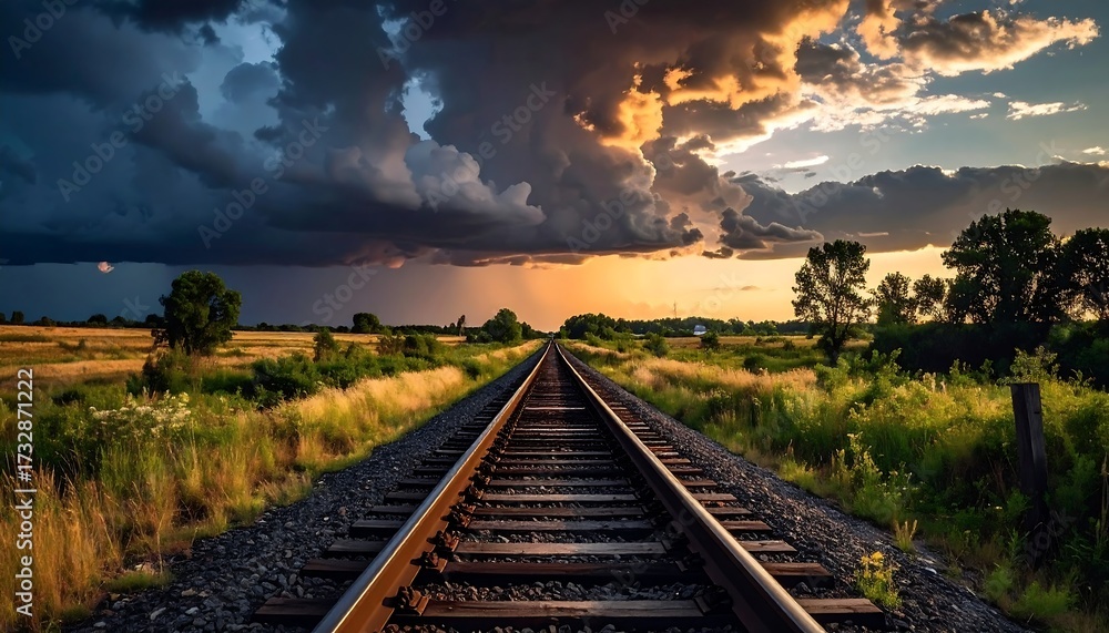 Fototapeta premium A perspective shot down train tracks leading into a vivid, dramatic sky. Fields flank the rails, framed by trees