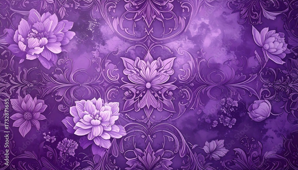 Obraz premium A seamless, purple floral pattern featuring detailed blooms amidst ornate, swirling scrollwork against a cloudy background