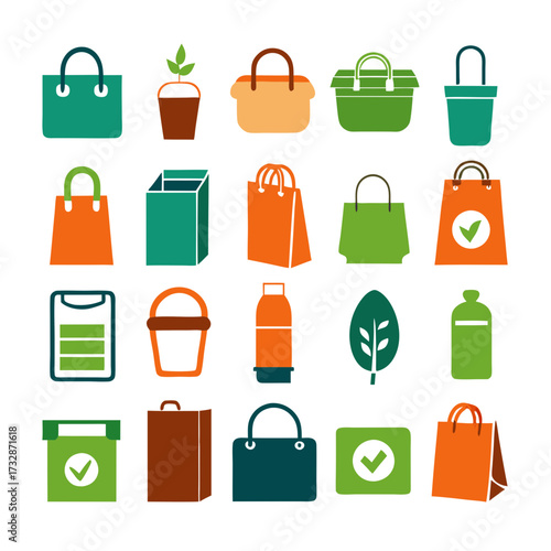 Collection of flat icons representing sustainable shopping and living