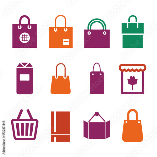 Colorful shopping bags and icons arranged on a white background