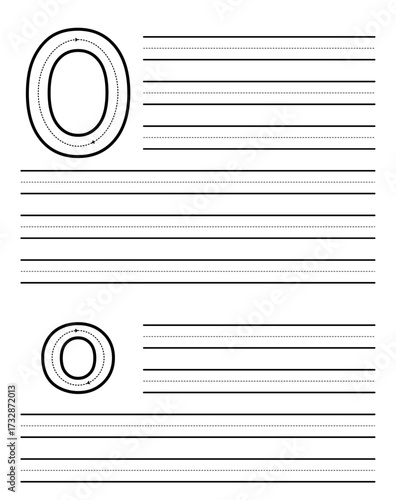 Tracing sheet for learning to write uppercase and lowercase letter O. Worksheet for kindergarten and preschool students practicing alphabet. Exercise pad for children with dotted guide rows