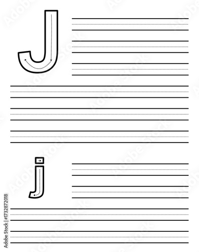 Tracing sheet for learning to write uppercase and lowercase letter J. Worksheet for kindergarten and preschool students practicing alphabet. Exercise pad for children with dotted guide rows