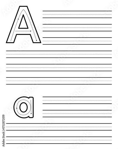 Tracing sheet for learning to write uppercase and lowercase letter A. Worksheet for kindergarten and preschool students practicing alphabet. Exercise pad for children with dotted guide rows