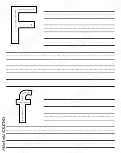 Tracing sheet for learning to write uppercase and lowercase letter F. Worksheet for kindergarten and preschool students practicing alphabet. Exercise pad for children with dotted guide rows