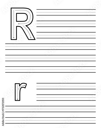Tracing sheet for learning to write uppercase and lowercase letter R. Worksheet for kindergarten and preschool students practicing alphabet. Exercise pad for children with dotted guide rows