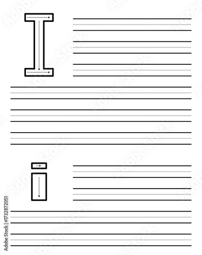 Tracing sheet for learning to write uppercase and lowercase letter i. Worksheet for kindergarten and preschool students practicing alphabet. Exercise pad for children with dotted guide rows