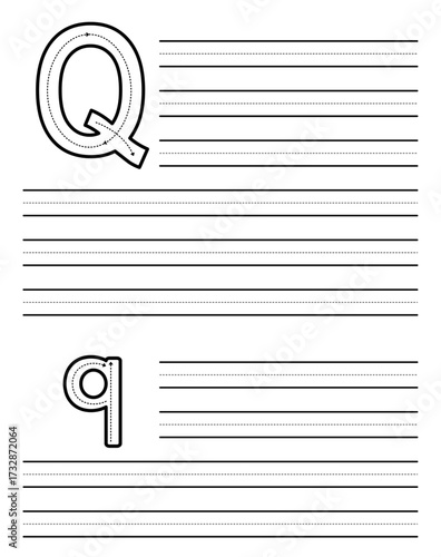 Tracing sheet for learning to write uppercase and lowercase letter Q. Worksheet for kindergarten and preschool students practicing alphabet. Exercise pad for children with dotted guide rows