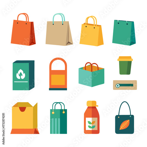 Colorful assortment of paper bags and packaging illustration art