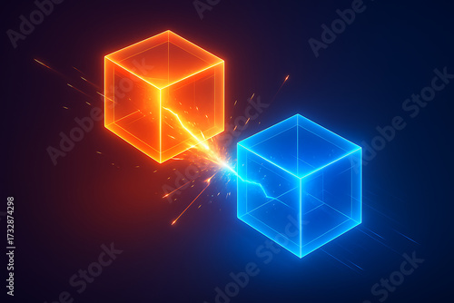 Two glowing neon cubes connected by electric sparks on dark blue background