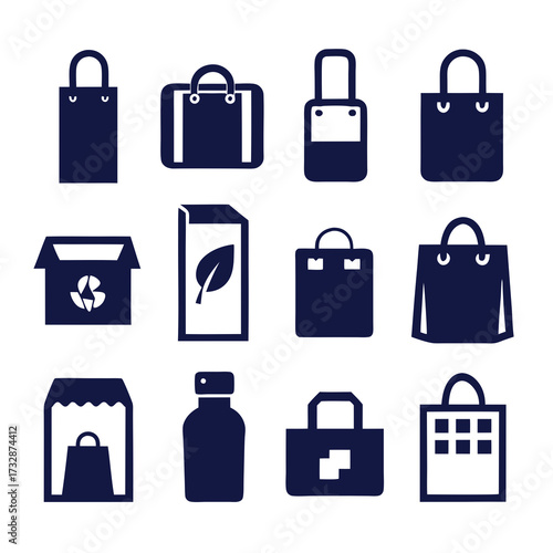 Assorted shopping packaging and recycle icons in dark blue