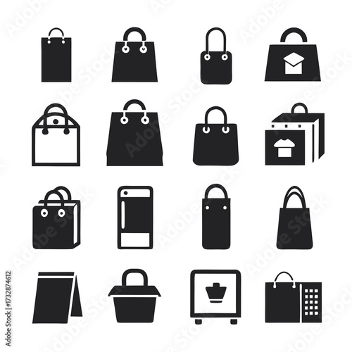 Minimalist shopping bags and store icon set on white