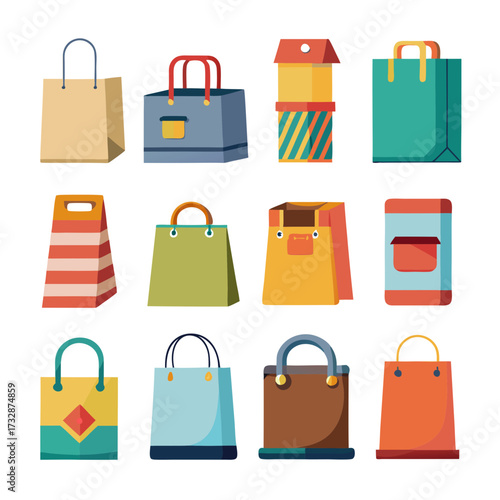 Colorful flat shopping bags and gift boxes assortment display