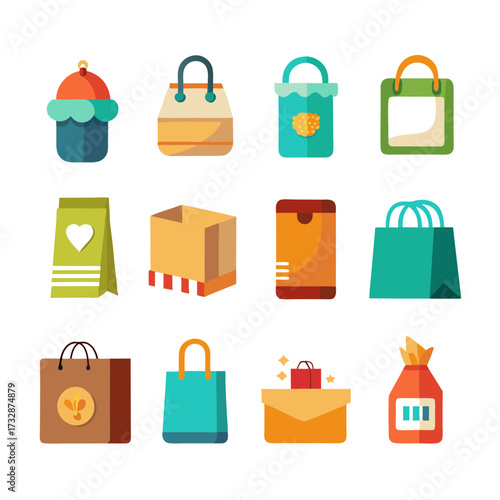 Collection of flat design retail packaging and shopping bags