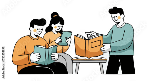 Illustration of three people reading books, one pointing at an open book, promoting literacy and learning.