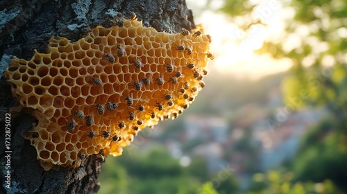 Honeycomb cluster on tree trunk