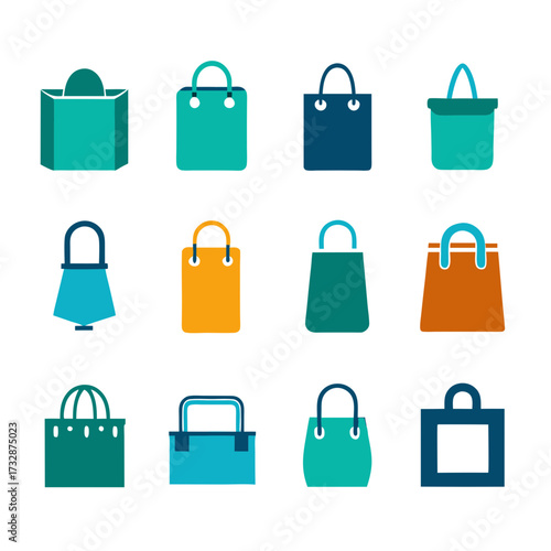 Colorful graphic shopping bags assortment on white background