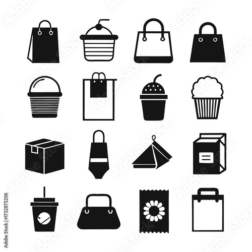 Collection of various black and white shopping and retail icons