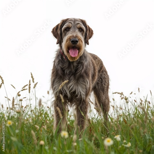 Dog standing in a grassy field with a playful expression  