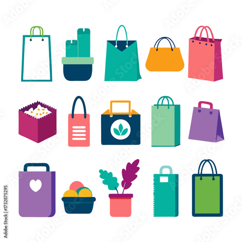 Colorful shopping bags and interior elements in flat style